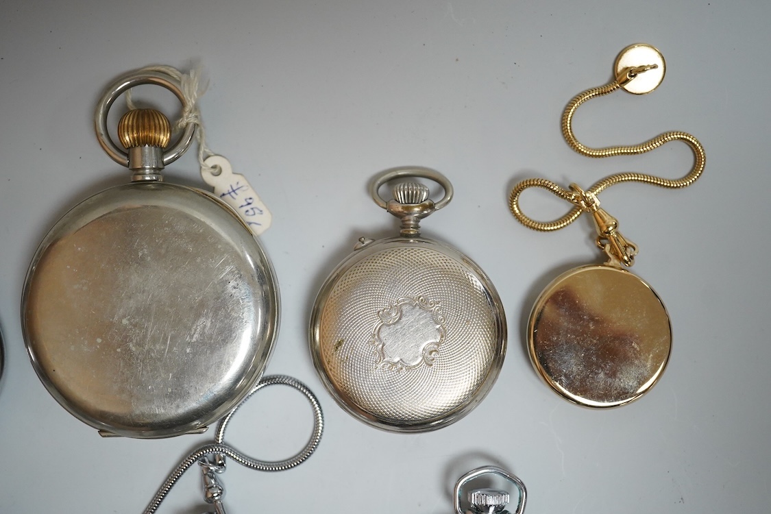 Eight assorted base metal pocket watches including 8 days, case diameter 65mm, a chrome cased Leonidas military, Ingersoll, Sekonda etc.